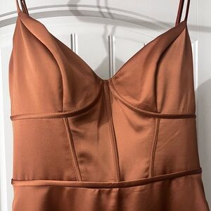 Mori Lee Copper-Tone Satin Slip Dress with Spaghetti Straps